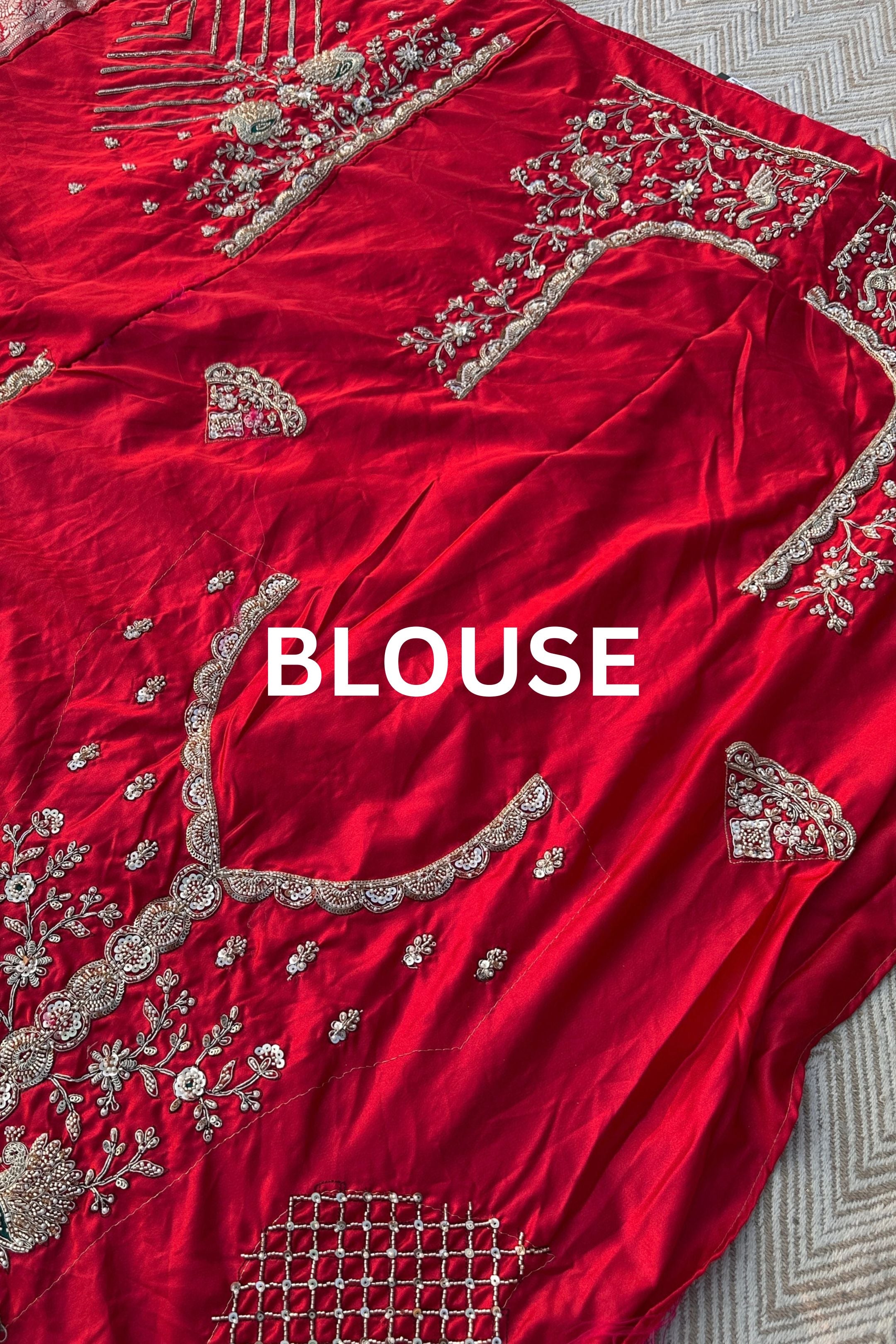Red Rani Banarasi Satin Unstitched Saree Embellished With Zari, Moti, Sequins & Cutdana Work